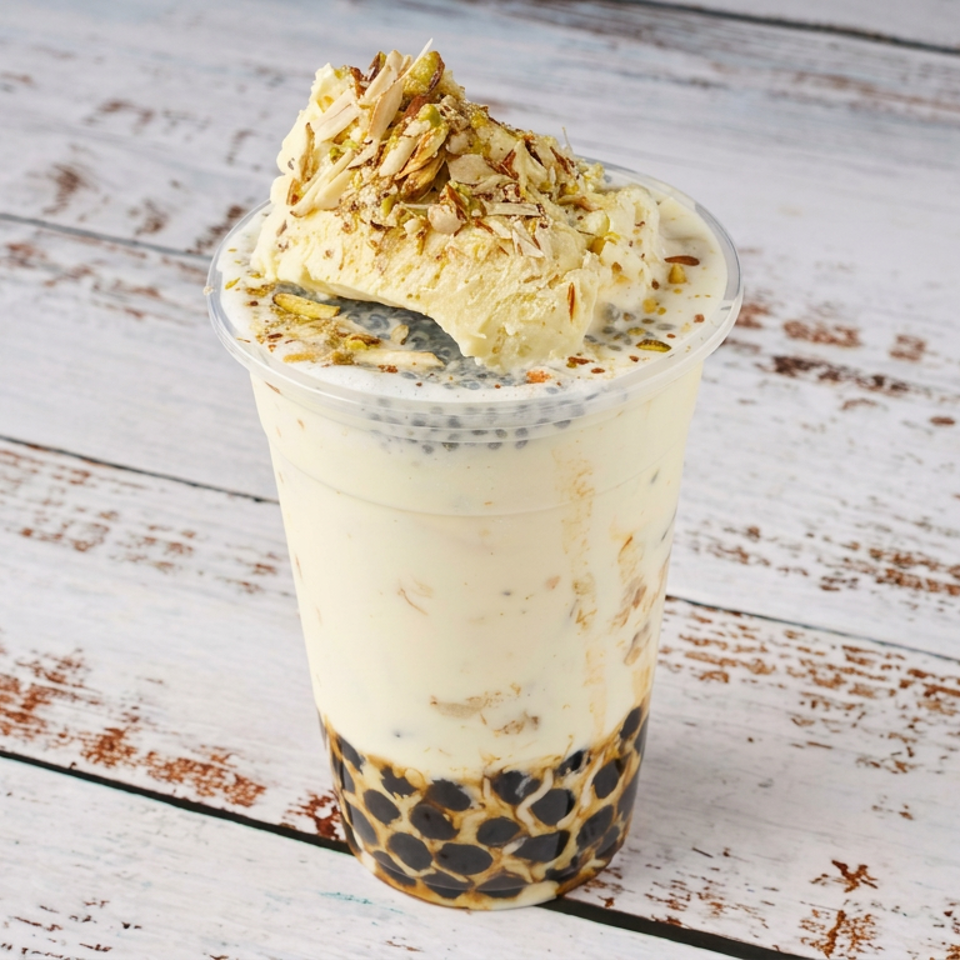 Creamy milk tea with black tapioca pearls, topped with a large cream-and-almond pastry, sits on a rustic white wooden table.