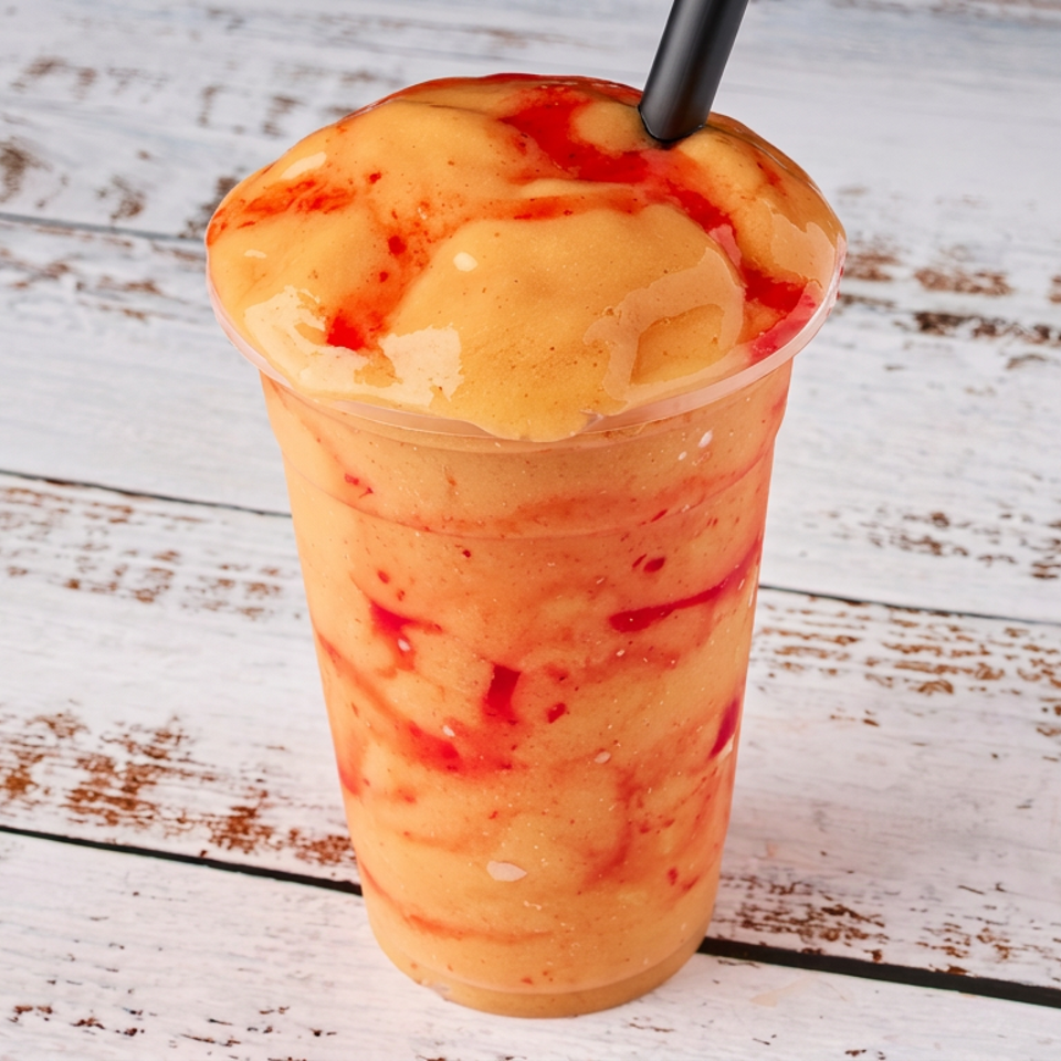 Orange frozen smoothie with red fruit swirls in a clear plastic cup on a rustic white wooden table.