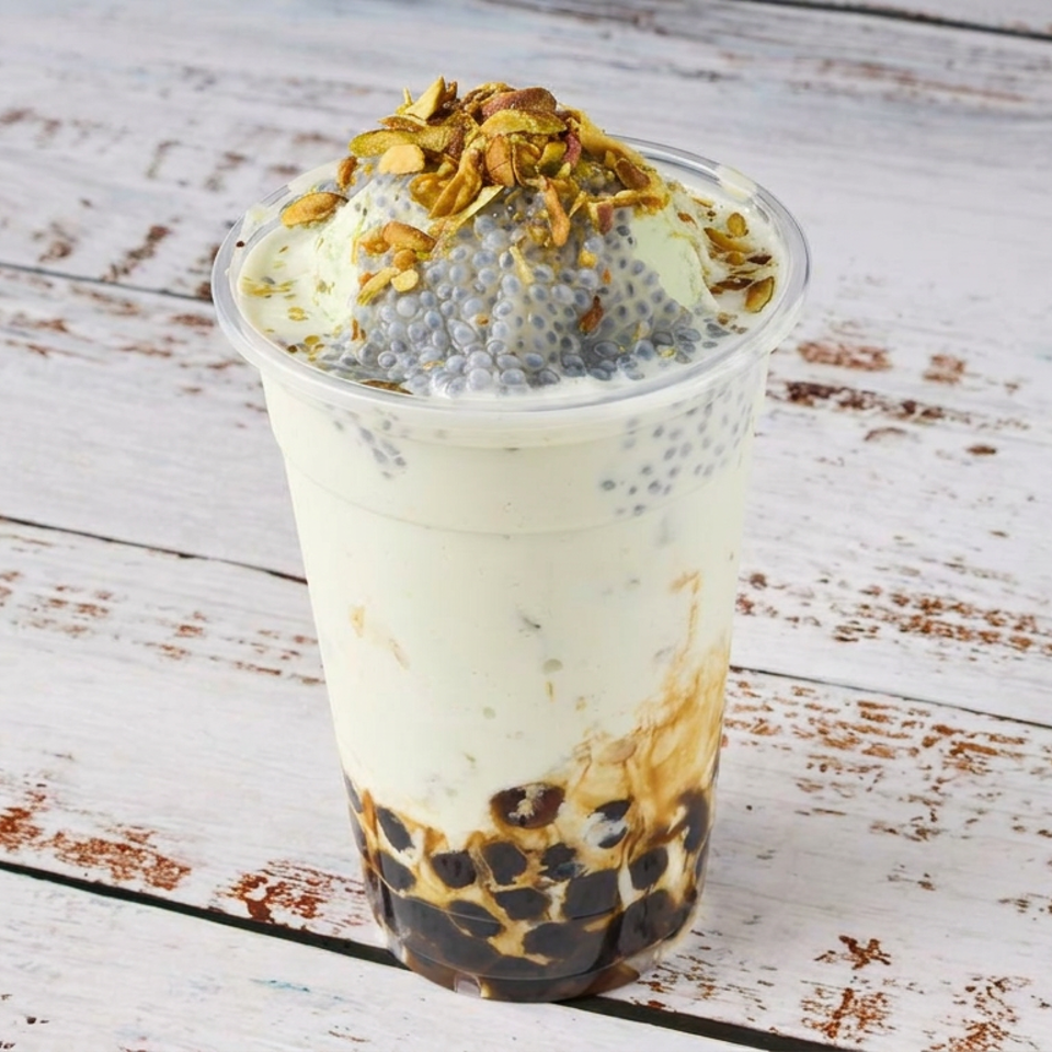 Creamy chia seed parfait with tapioca pearls, chocolate pieces, and granola topping in a clear cup on a rustic white table.