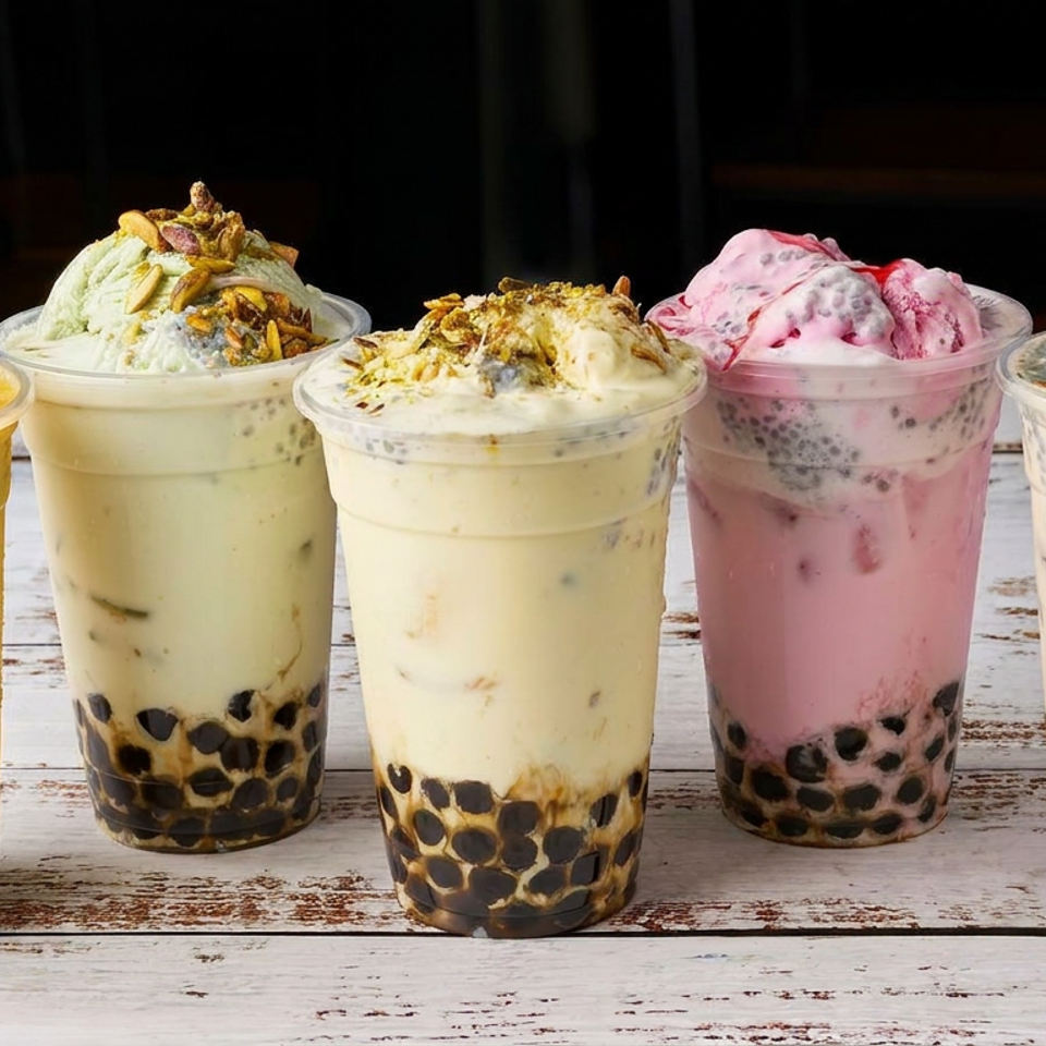Five colorful bubble tea drinks topped with ice cream and nuts sit on a rustic wooden table.