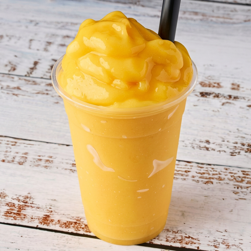 Bright yellow mango smoothie topped with a swirl of frozen fruit sits in a clear cup with a black straw on a rustic white wooden table.